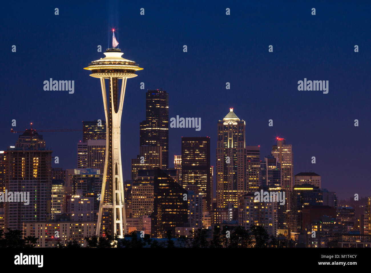 Seattle Skyline mit der Space Needle in der Nacht, USA Stockfoto