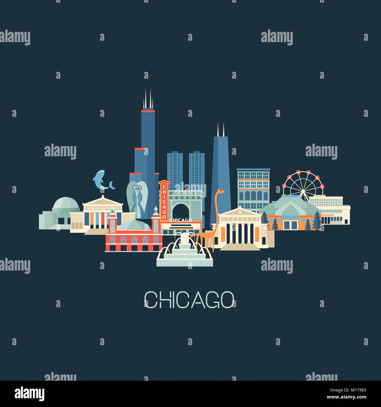 Chicago, Skyline, Wahrzeichen, Stadtbild, berühmten, Sehenswürdigkeiten, Sightseeing, Gebäude, Stadt, Michigan, Reisen, USA, bekannt, Symbol, Amerika, flach, Poster, Illin Stock Vektor