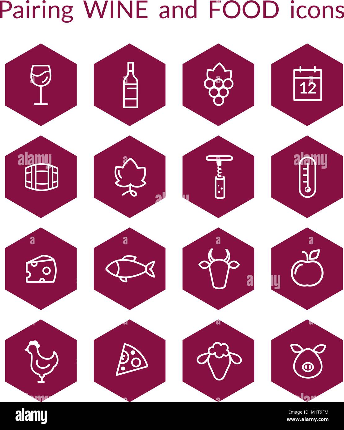 Satz von Vector Icons für Wein und Essen Paarung Matching, mit Fisch, Rindfleisch, Schweinefleisch, Obst, Flasche, Glas, Trauben. Weiße Linie Symbole auf den dunklen Rot Stock Vektor