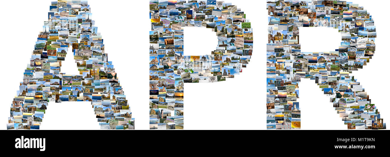 April - Illustrierte Name der Kalender Monat, jeden Buchstaben mehrere Fotos gemacht wird. Collage Bilder Stockfoto