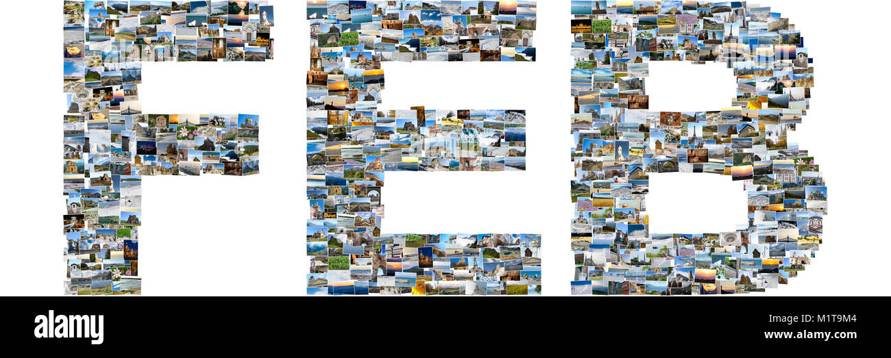 Februar - Illustrierte Name der Kalender Monat, jeden Buchstaben mehrere Fotos gemacht wird. Collage Bilder Stockfoto