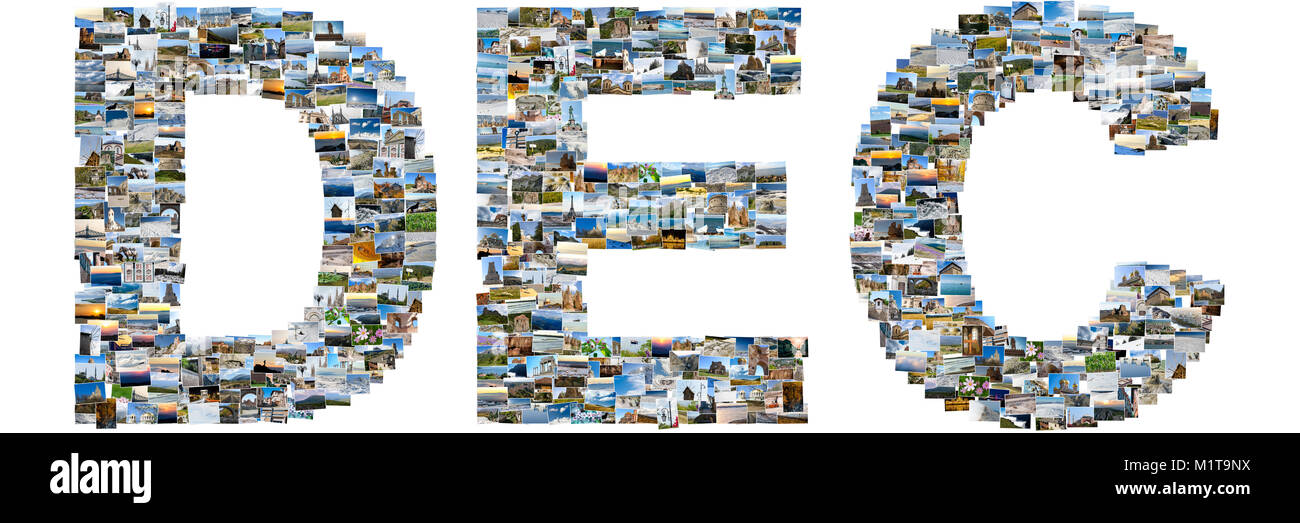 Dezember - Illustrierte Name der Kalender Monat, jeden Buchstaben mehrere Fotos gemacht wird. Collage Bilder Stockfoto