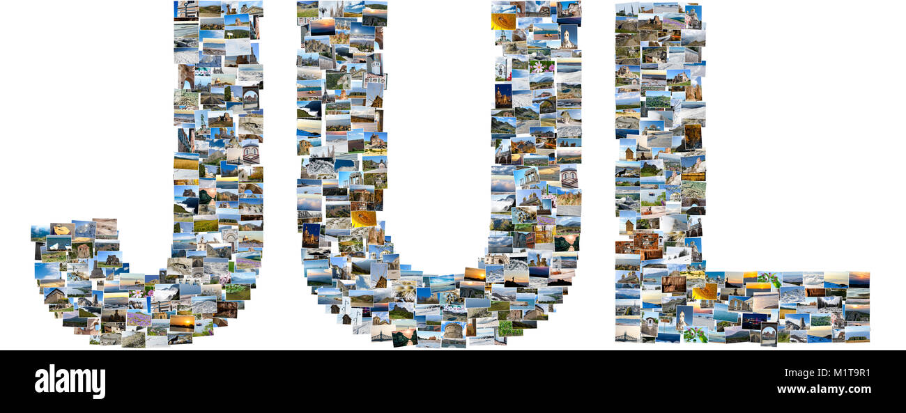 Juli - Illustrierte Name der Kalender Monat, jeden Buchstaben mehrere Fotos gemacht wird. Collage Bilder Stockfoto