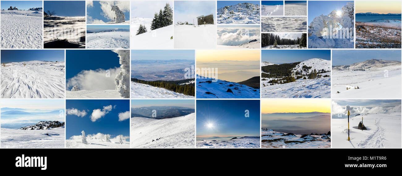 Collage aus verschiedenen winterliche Fotos, Seitenverhältnis für soziales Netzwerk cover photo Stockfoto