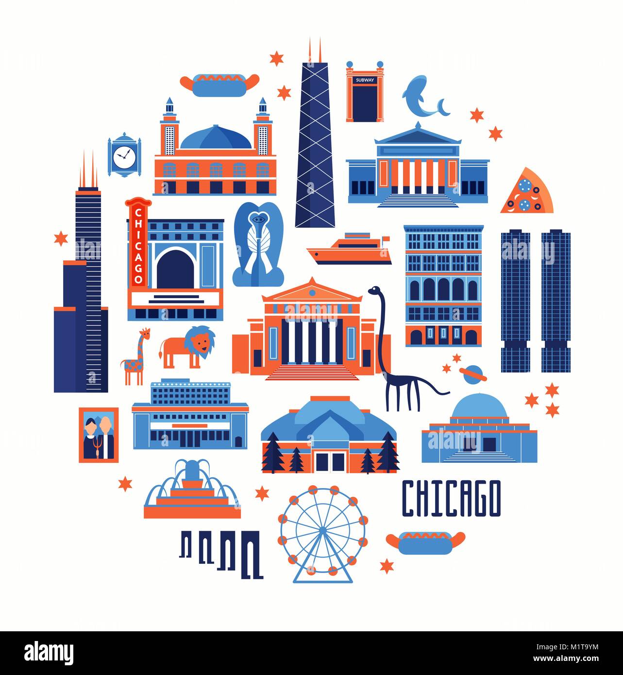 Blaue und rote Vektor einrichten von Chicago' berühmte Sehenswürdigkeiten. Flat Style entworfen, historischen Gebäuden, Sehenswürdigkeiten und Museen auf weißem Hintergrund. Stock Vektor