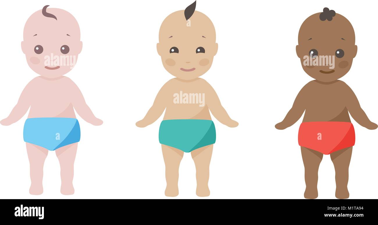 Vector Abbildung: Drei glückliche Babys Kleinkinder in Babywindeln verschiedener Ethnien wie Kaukasier, asiatische und afrikanische amerikanische. Flat Style Stock Vektor