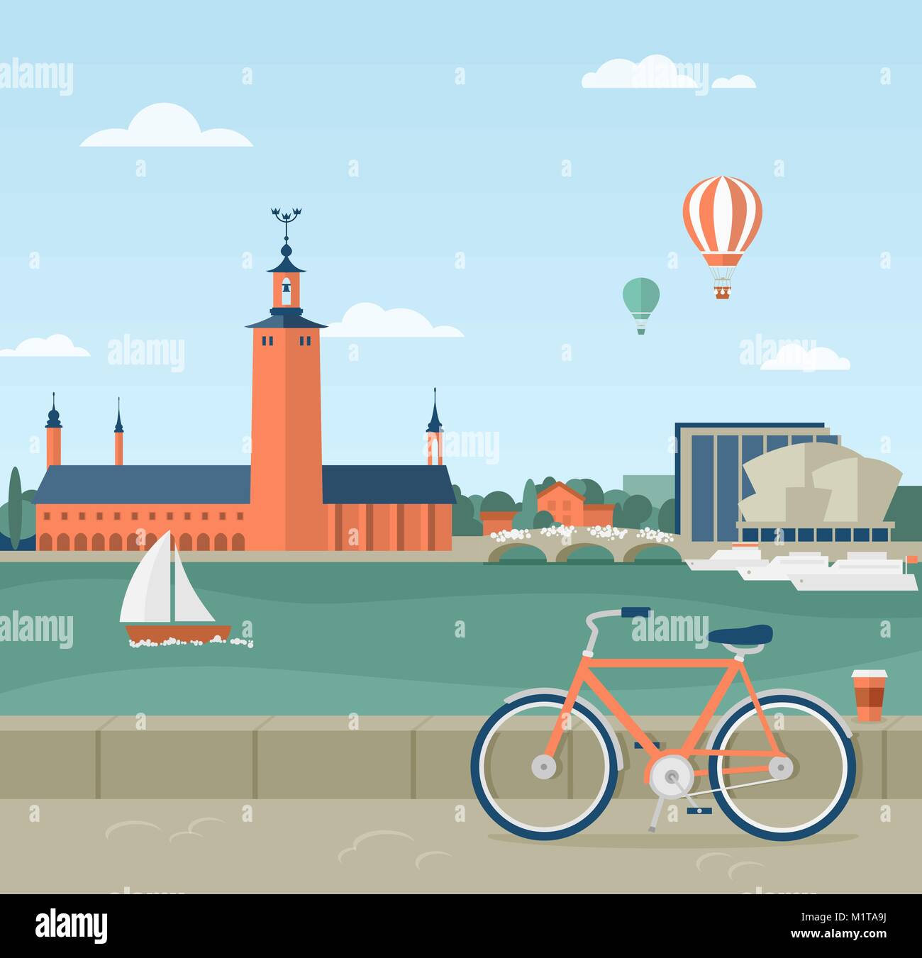 Flache Darstellung der Strandpromenade in Stockholm, Schweden. Blick auf das Rathaus. Im Vordergrund ein Fahrrad und einer Tasse Kaffee Stock Vektor