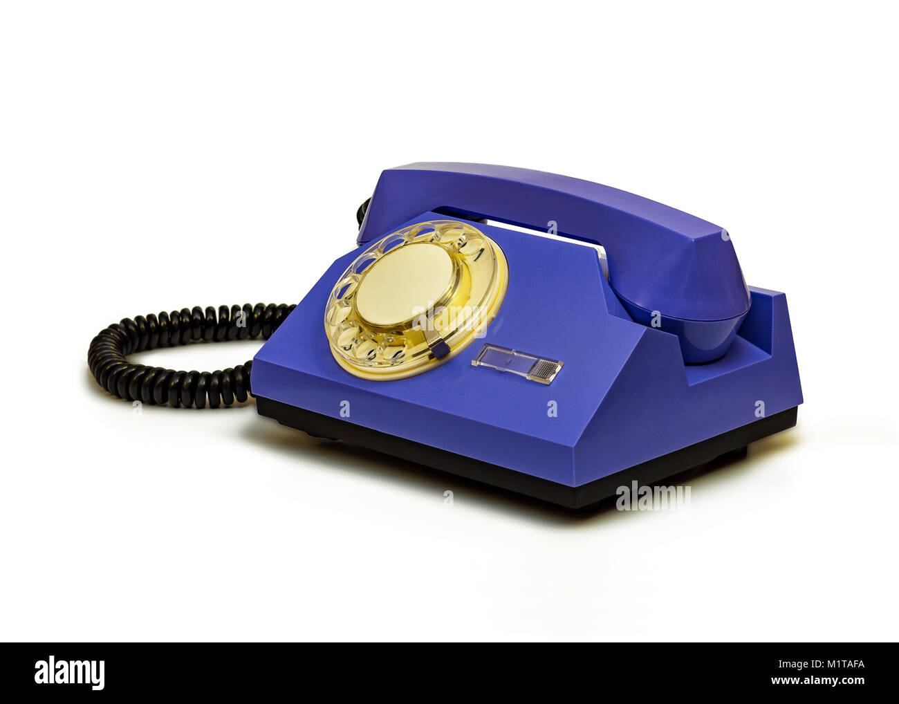 Auf weissem Hintergrund retro Telefon mit einem runden Dialer Stockfoto