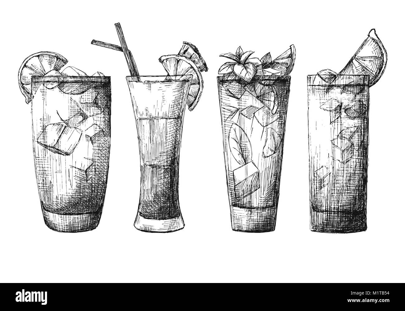 Einstellen der verschiedenen Gläser, verschiedene Cocktails. Vector Illustration einer Skizze Stil Stock Vektor
