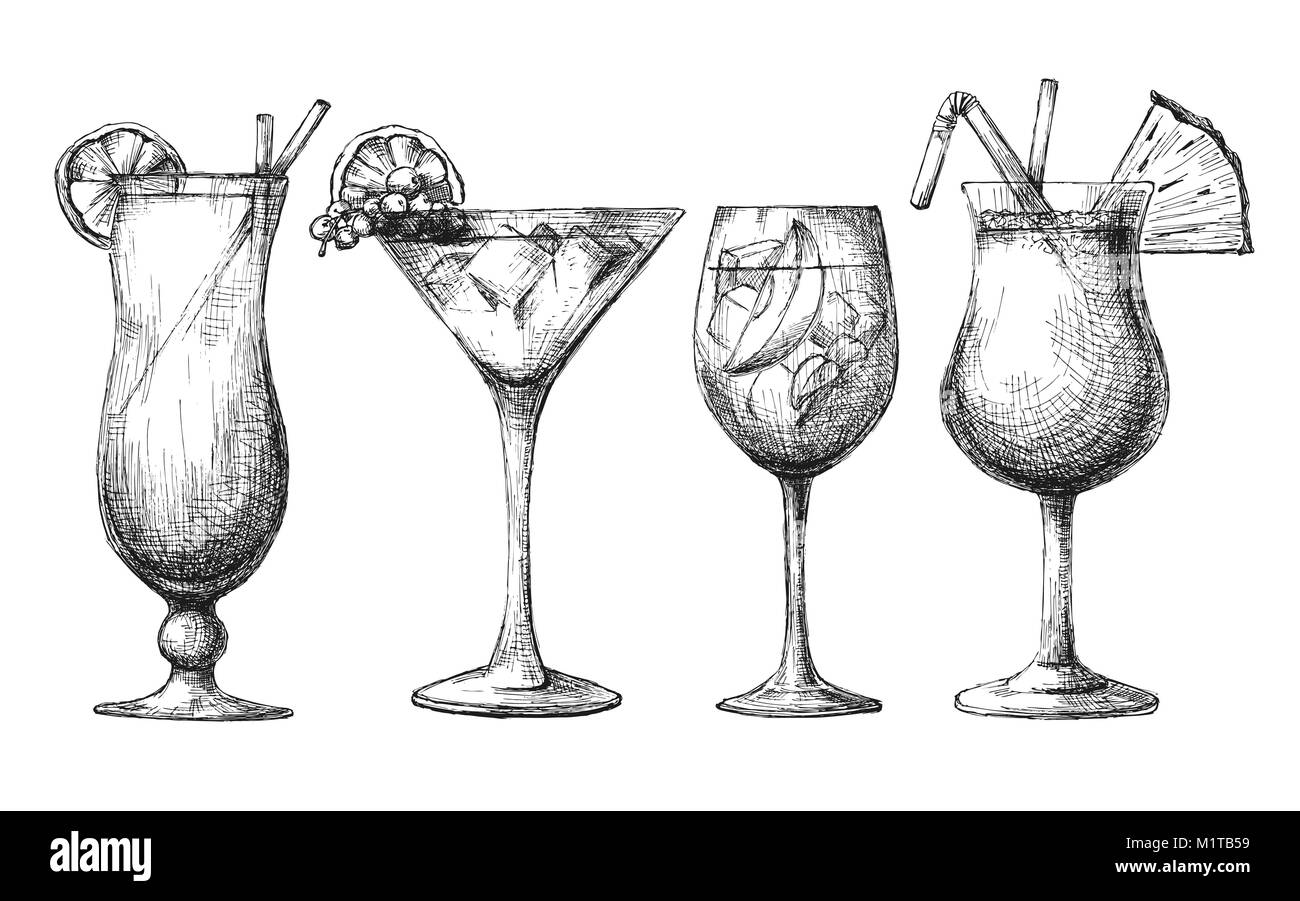 Einstellen der verschiedenen Gläser, verschiedene Cocktails. Vector Illustration einer Skizze Stil. Stock Vektor