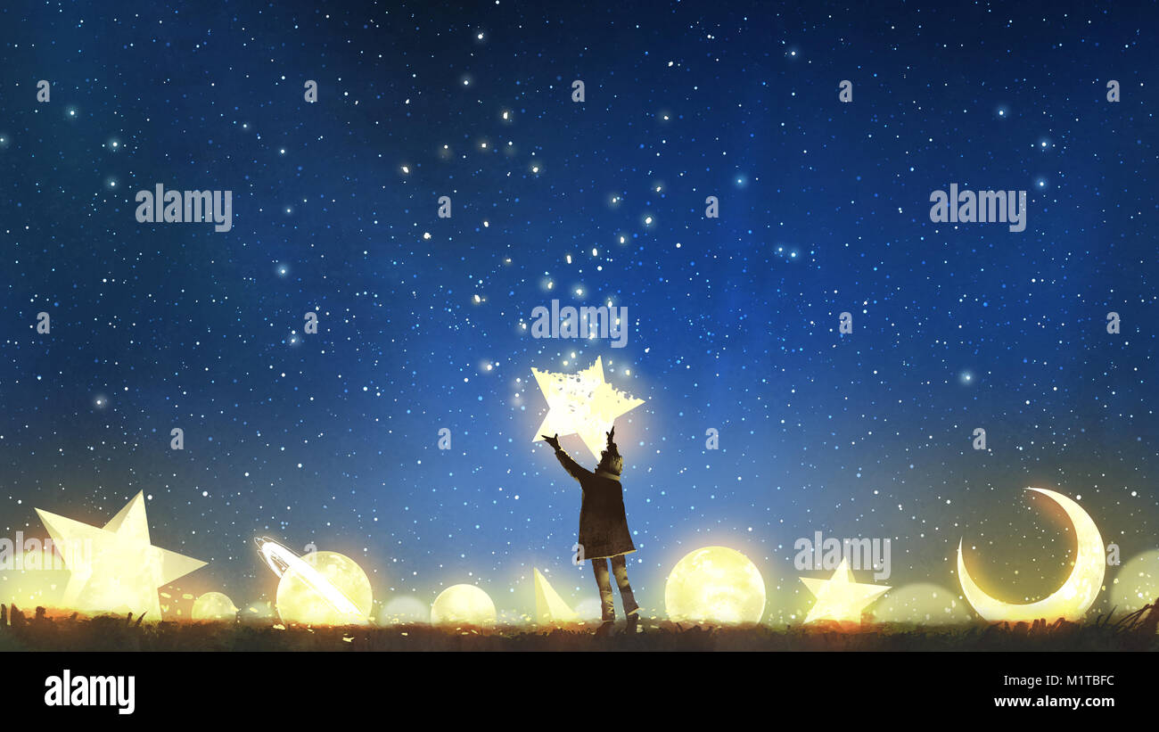 Die schöne Landschaft, die den Jungen unter glühenden Planeten und die Sterne im Nachthimmel, digital art Stil, Abbildung Farbe Stockfoto