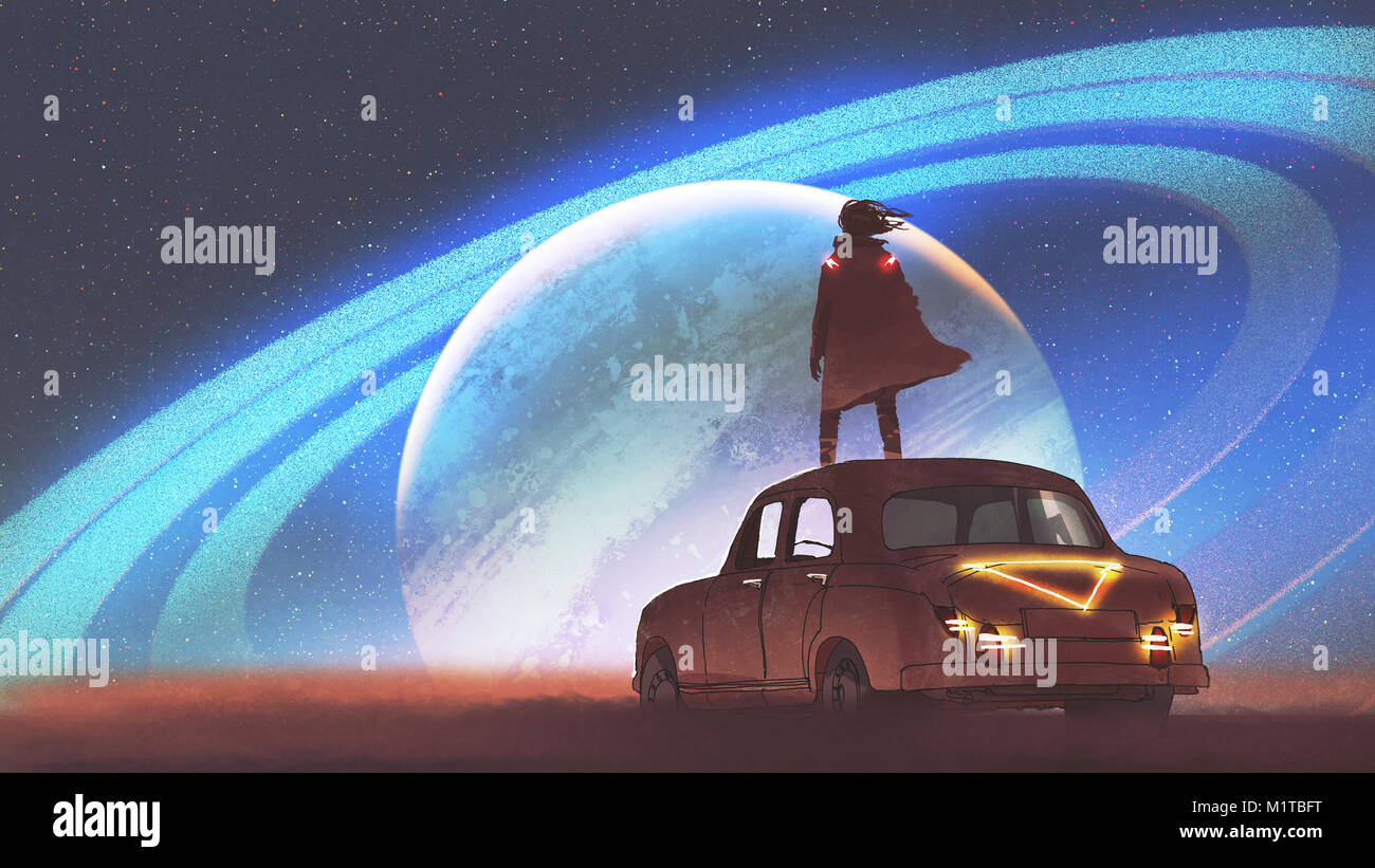 Nacht Landschaft der Mann stand auf einem Oldtimer auf den Planeten mit den Ringen auf einen Horizont suchen, digital art Stil, Illustration Malerei Stockfoto