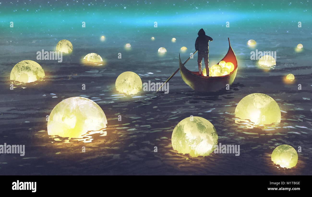 Nacht Landschaft eines Mannes Rudern ein Boot unter vielen leuchtende Monde auf dem Meer schwimmende, digital art Stil, Illustration Malerei Stockfoto
