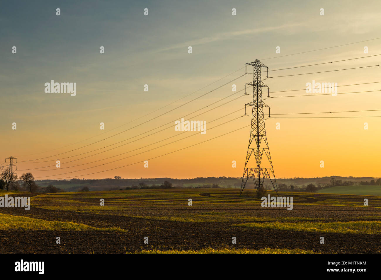 Ein Bild von einem Strom pylon an Dörfer in Leicestershire, England, Großbritannien Stockfoto