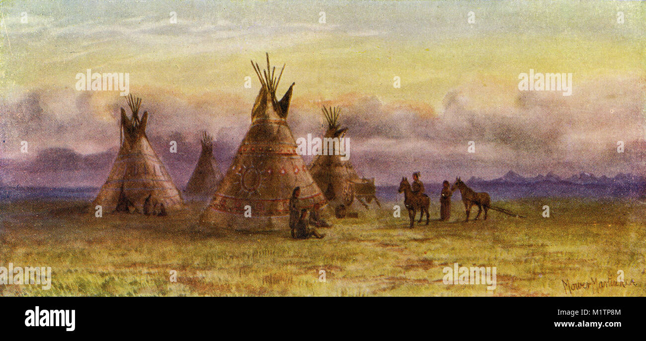 Halbton Abbildung der Nordamerikanischen Indianer und ihre wigwams, ca. 1900. Von einem ursprünglichen Bild, wie andere Menschen leben von H. Clive Barnard, 1918. Stockfoto
