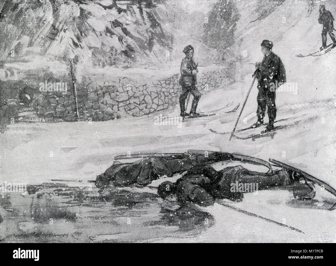 Halbton Illustration der Ki-läuferinnen Trinkwasser oder 'Gans' von einem Ungefroren Pool in Norwegen, um 1900. Von einem ursprünglichen Bild, wie andere Menschen leben von H. Clive Barnard, 1918. Stockfoto