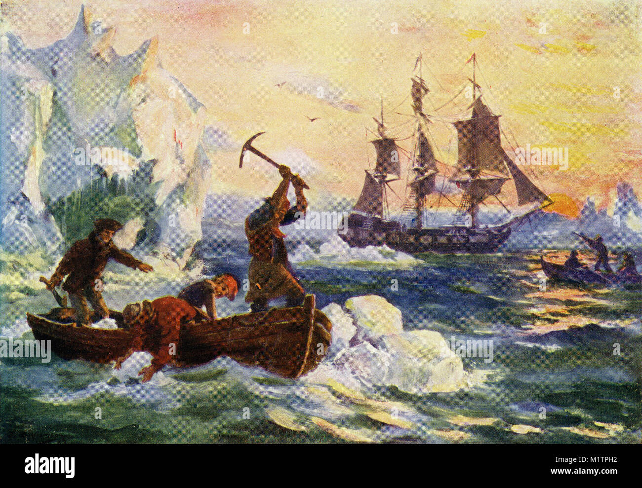 Halbton Abbildung: arktisforscher sammeln Eisberge für frisches Wasser zu schmelzen, während andere Seevögel für Essen, ca. 1900 schießen. Von einem ursprünglichen Bild, wie andere Menschen leben von H. Clive Barnard, 1918. Stockfoto