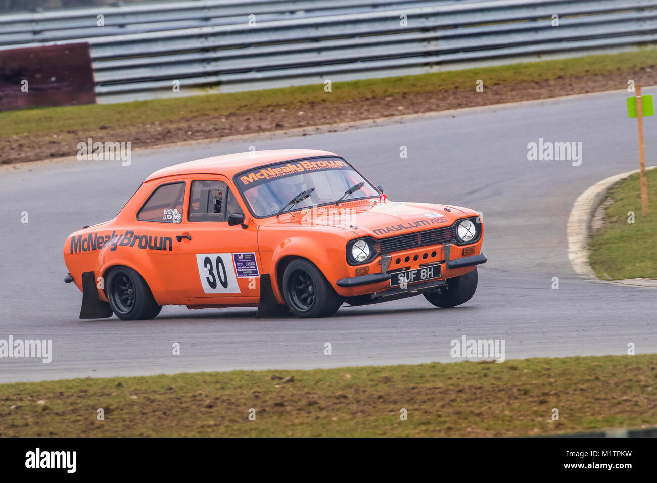 Ford Escort MKII mit Fahrer Roland Braun und Co - Treiber Terry Luckings in der Motorsport News Stromkreis Rally Championship, Snetterton, Norfolk, Großbritannien. Stockfoto