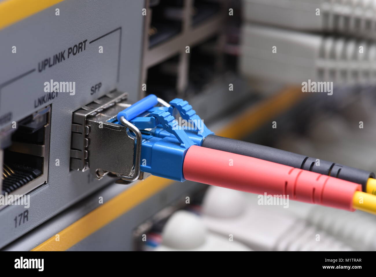 Ethernet und Fiber Optic Kabel angeschlossenen Switch zu Internet, Cyber Security System im Rechenzentrum Stockfoto