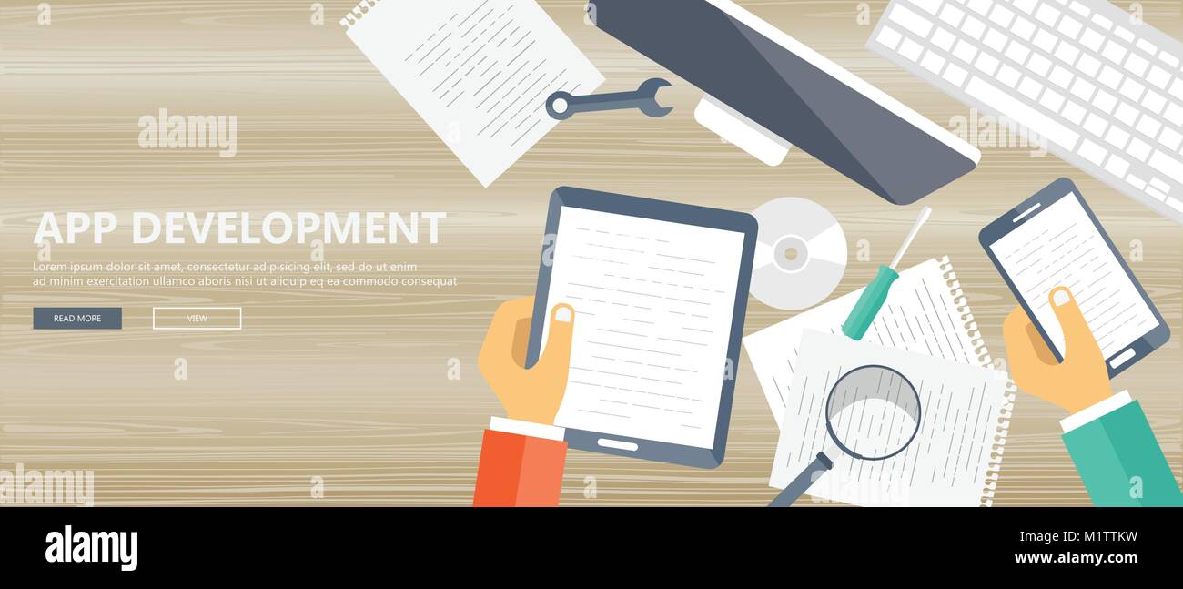 Flache vektor design Abbildung: Konzept für die Entwicklung von Anwendungen. Konzept zum Aufbau erfolgreicher Unternehmen. Flache Vector Illustration Stock Vektor