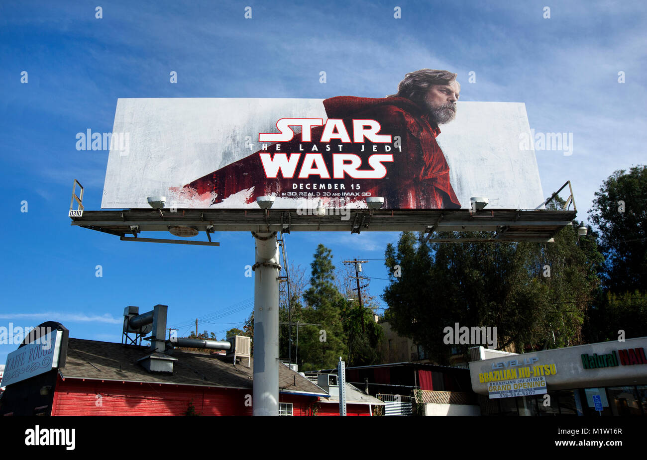Reklametafeln mit Mark Hammil für Star Wars Der letzte Jedi Film in Los Angeles, CA Stockfoto