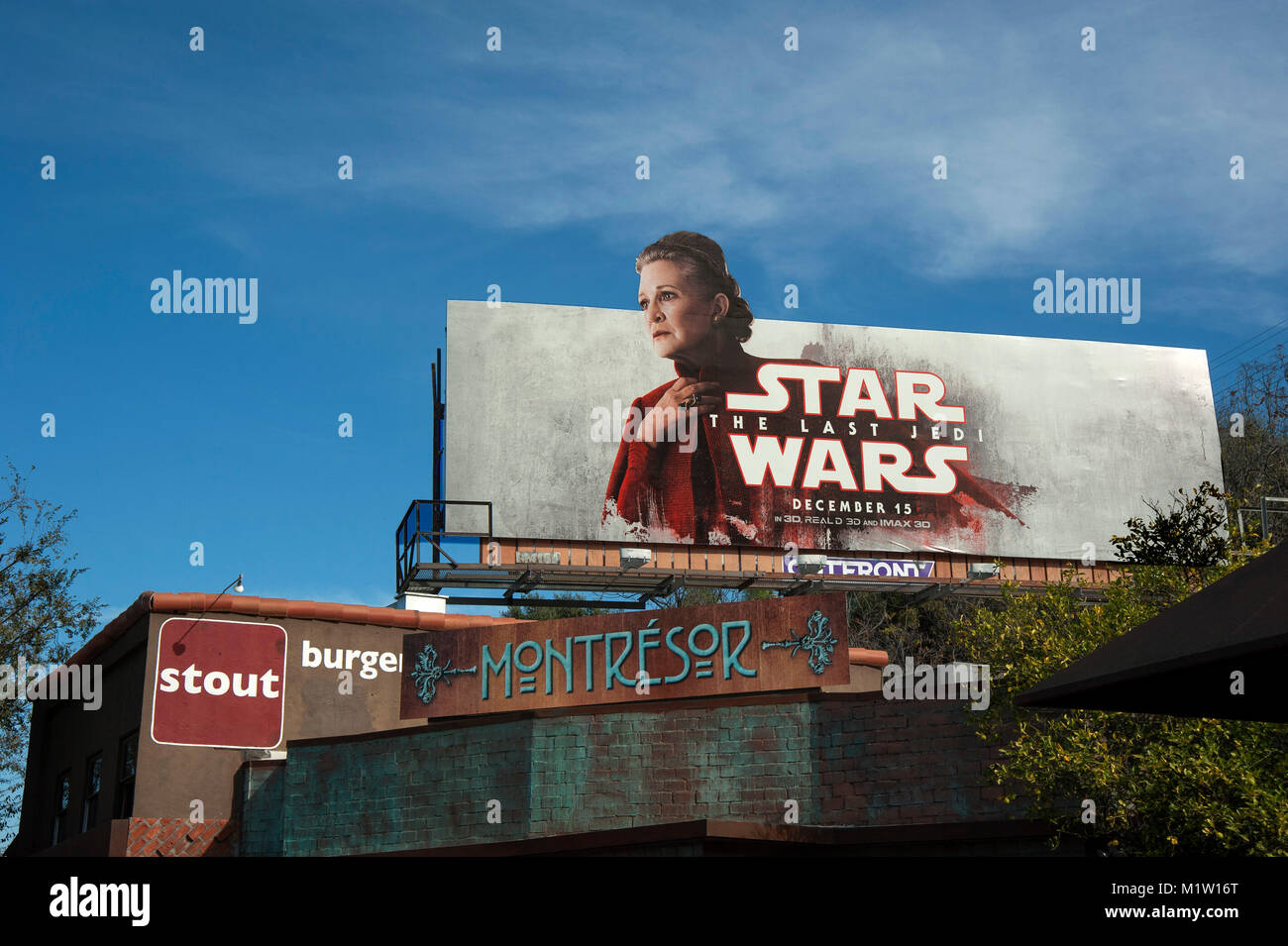 Reklametafeln mit Carrie Fisher Förderung Star Wars der Letzte jedi Film auf Ventura Blvd. in Studio City Nachbarschaft w Los Angeles, CA Stockfoto