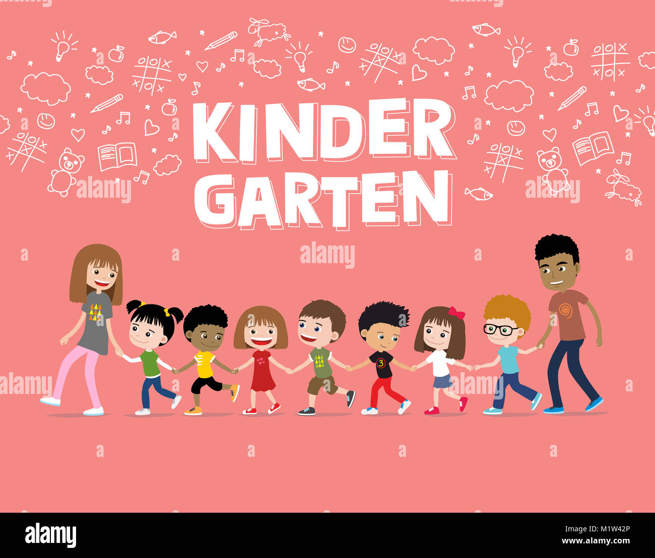 Kindergarten- und Vorschulkinder gehen mit Lehrer. Cartoon Illustration der fröhlichen Kinder gemeinsam mit Erwachsenen Stockfoto
