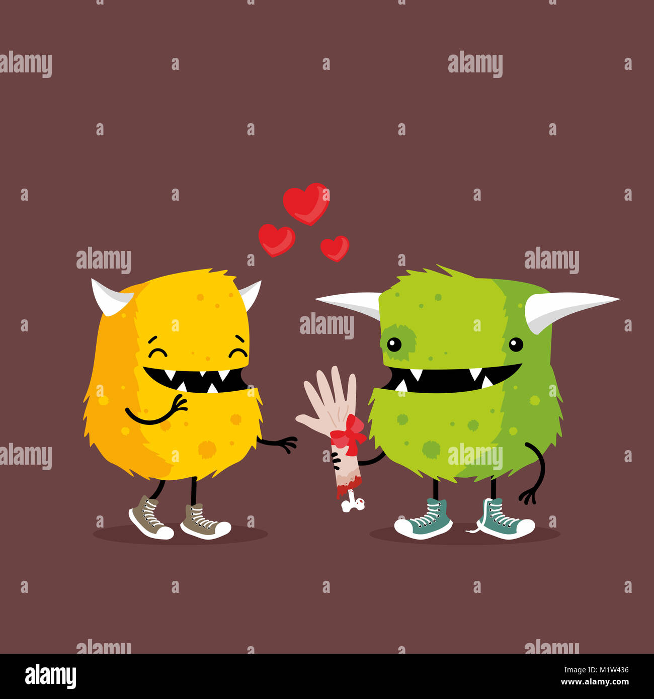 Monster in Liebe, Teilen ein gruseliges Geschenk des menschlichen Arm. Lustig, humorvoll's Cartoon Valentinstag Abbildung oder Grußkarte Stockfoto