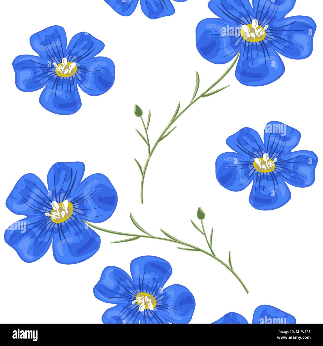 Flachs blauen Blüten mit Stammzellen. Nahtlose Muster. Vector Illustration. Design für Kräutertee, Health Care Produkte, Natürliche Kosmetik, Parfümerie, essenti Stock Vektor
