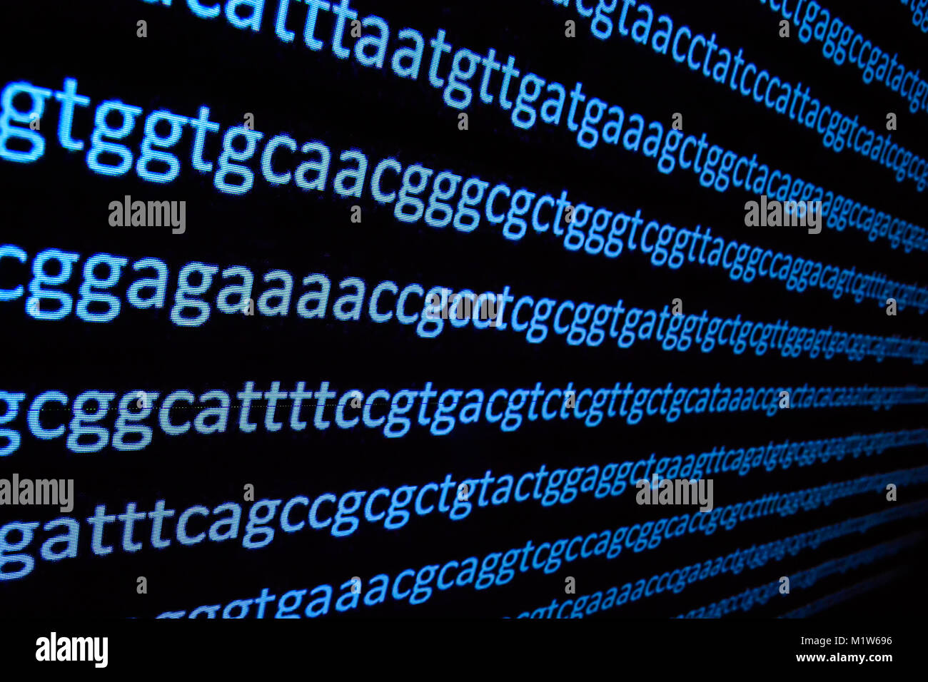 Die Sequenzierung des Genoms. Hintergrund zum Thema DNA-Sequenzierung, Symbole der Basen auf der Dunklen. Stockfoto