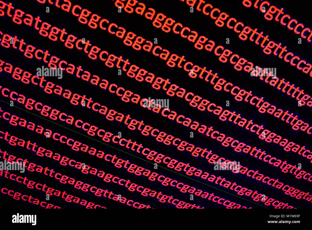 Die Sequenzierung des Genoms. Hintergrund zum Thema DNA-Sequenzierung, Symbole der Basen auf der Dunklen. Stockfoto