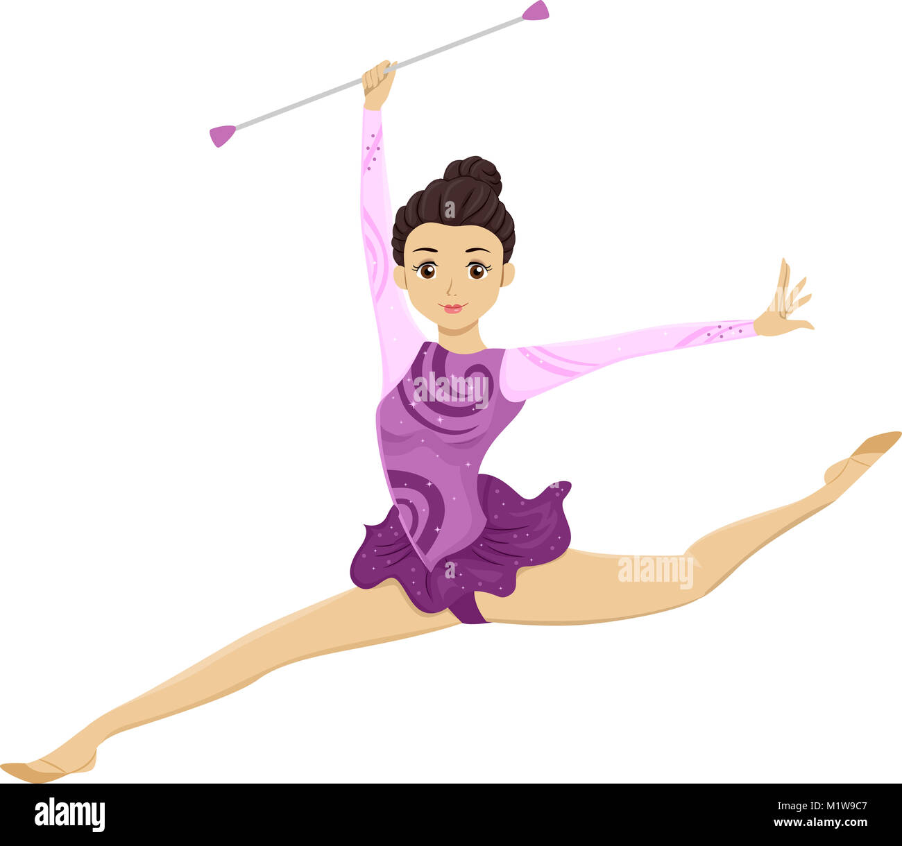 Abbildung mit einem jungen Teenager Mädchen in einem lila Body Baton Twirling Ihr während der Durchführung eines Split Stockfoto