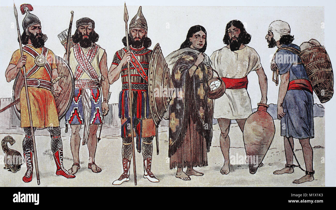 Kleid Mode der Krieger in Assyrien, 12-7.Jahrhundert v. Chr., von links, Krieger mit Metall Helm, eine leicht bewaffnete Archer, einer schwer bewaffneten Archer mit Metall Platin Rüstung, der Frau der Menschen, Kurzarm Mann und Gefangenen mit Fleece cap, digital verbesserte Reproduktion einer Vorlage drucken aus dem 19. Jahrhundert Stockfoto