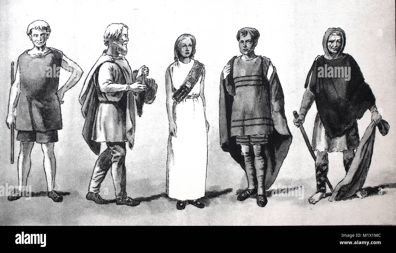 Die Kleidung, die von den Germanen, Germanen in Norddeutschland, Bronzezeit  2000-800 v. Chr., von links, eine Jugend in ein ärmelloses Kittel, kurze  Hosen und lange Hosen, einen Mark in einem umgürtet Fell