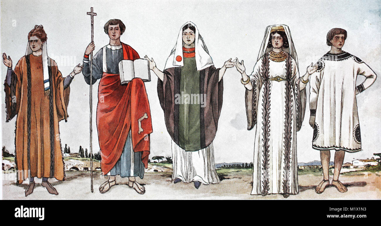 Bekleidung, Mode in der frühen christlichen Zeit, 300-600AC, von links,  Dame mit Dalmatika, Evangelist im 5. Jahrhundert Kostüm, Christian Matrone  in ein Gewand in Form der casulas der amtierenden Kleriker mit Kopftuch,