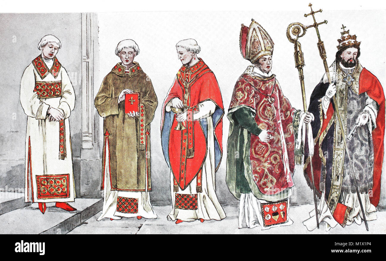 Bekleidung, Mode, Kostüme der Priester, Bischöfe und Päpste vom 14. bis 18.  Jahrhundert, von links, römischen Diakon um 1460, einem flämischen Diakon  um 1460, ein Priester in der Messornat um 1470, Bischof