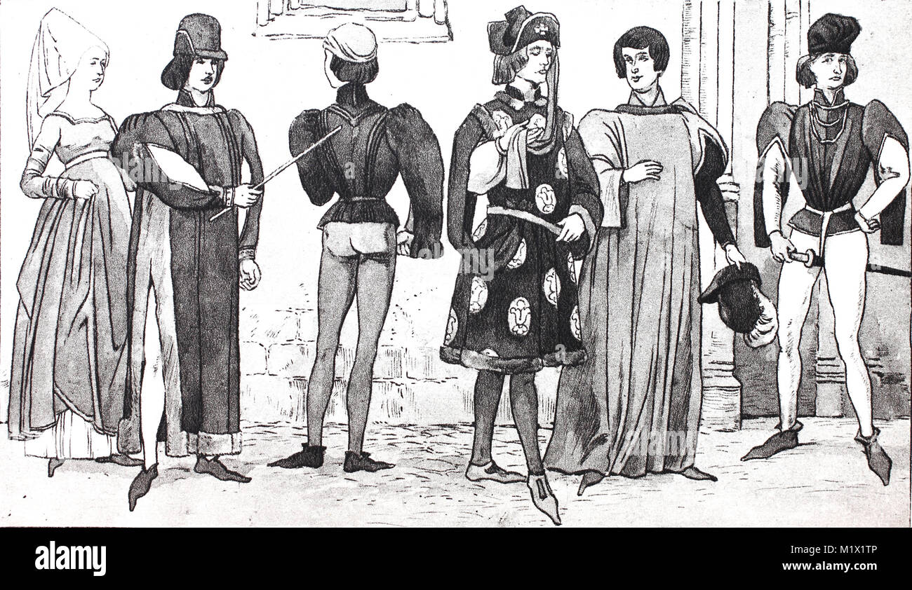 Kleidung, Mode, Kostüme am Hof in Frankreich im 14. Jahrhundert, von links, eine Dame, ein Richter, ein Jugend, ein Prinz, ein edler Bürger und eine junge höfling bei Gericht Kostüme, digital verbesserte Reproduktion einer Vorlage drucken aus dem 19. Jahrhundert Stockfoto