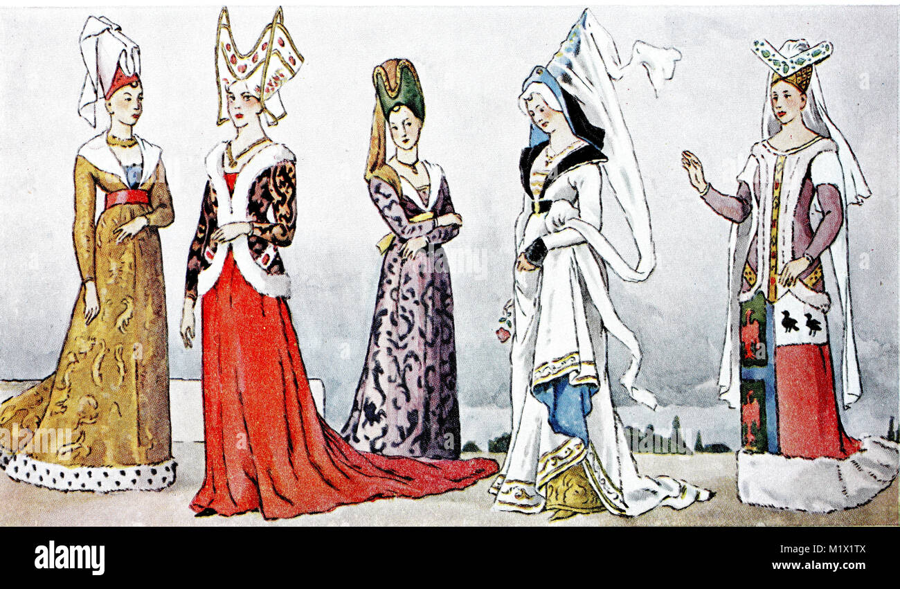Bekleidung, Mode in Frankreich in der ersten Hälfte des 15. Jahrhunderts, Gericht, sehr geehrte Damen, Sehr geehrte Französische Damen in langen Kleid und auf dem Kopf den Hennin, digital verbesserte Reproduktion einer Vorlage drucken aus dem 19. Jahrhundert Stockfoto