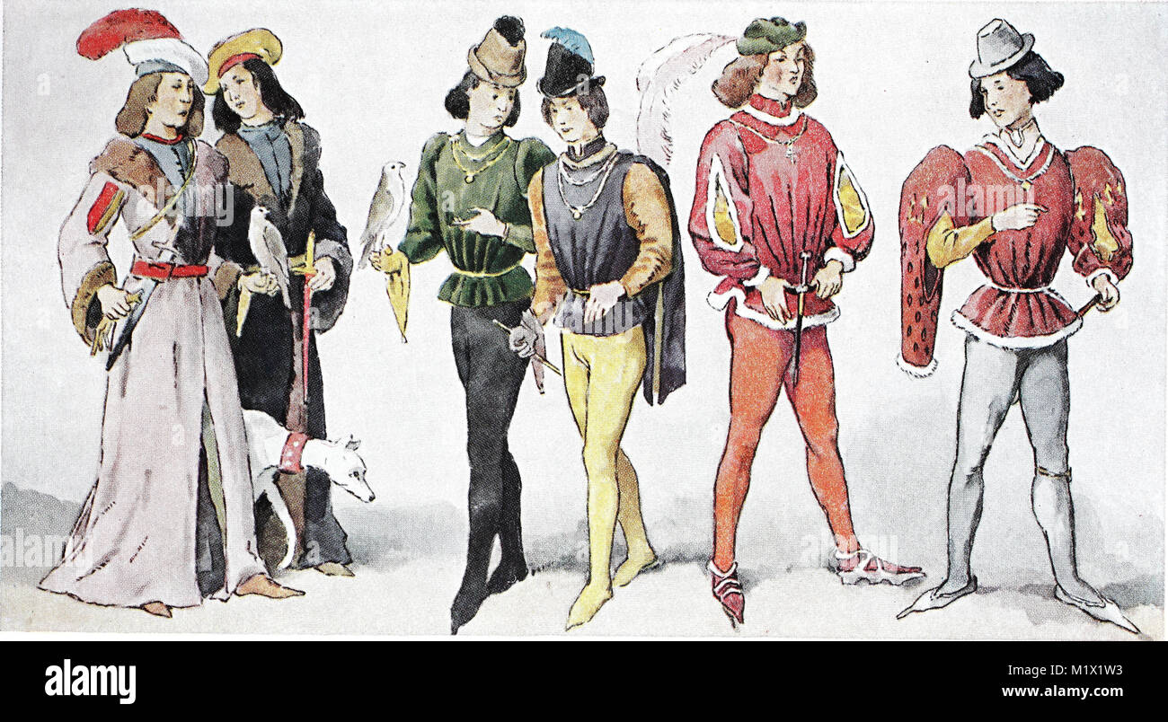 Bekleidung, Mode in Frankreich in der ersten Hälfte des 15. Jahrhunderts, die französische Gesellschaft, edel Jugend in der Falknerei, digital verbesserte Reproduktion einer Vorlage drucken aus dem 19. Jahrhundert Stockfoto