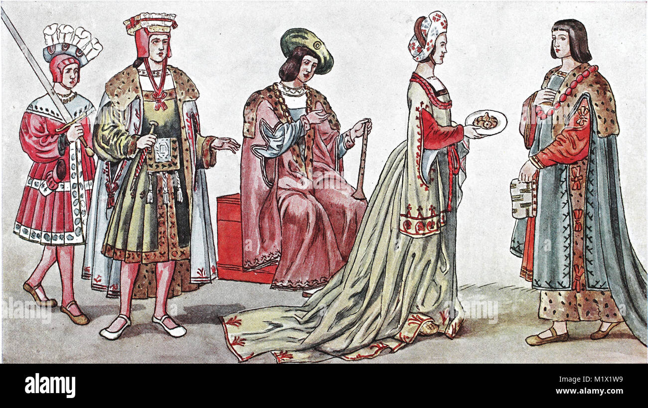 Bekleidung, Mode in Frankreich, von 1485-1510, Bauernhof Kostüme, von links, ein Schwert tragen Squire, der König, ein edler Gentleman, edle Dame in einem tauziehen Kleid und ein Herr in einem zeremoniellen Kostüm, digital verbesserte Reproduktion einer Vorlage drucken aus dem 19. Jahrhundert Stockfoto