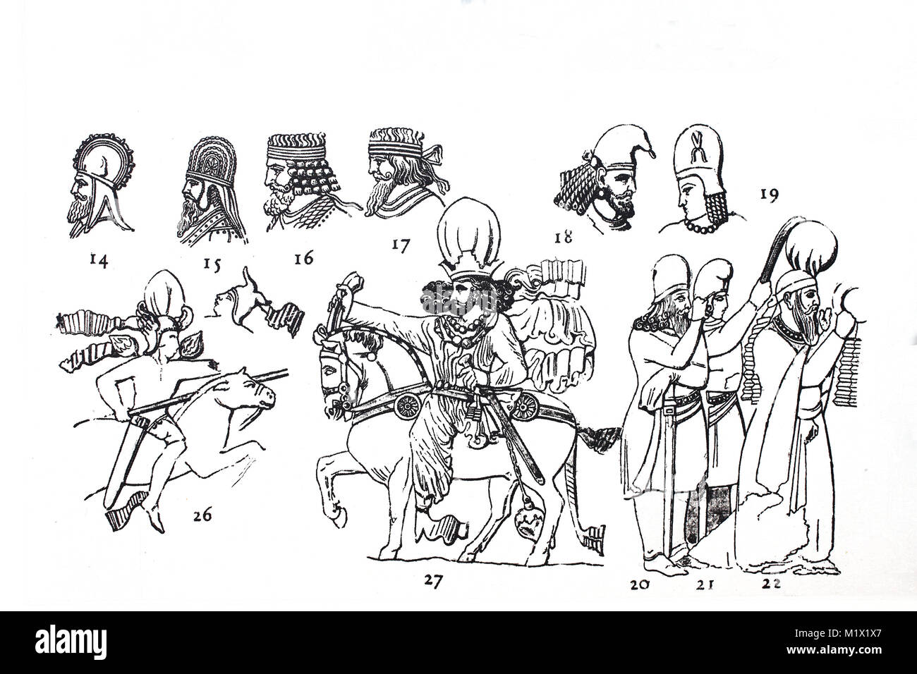 Mode, Kleidung der Sassinid Zeitraum im frühen Mittelalter, in Persien C.  227-636 AD, oben links, Parther mit verschiedenen Helme und Stirnbänder,  unten links, die SASSANIDISCHE Rider und König mit Nimbus und Krone,
