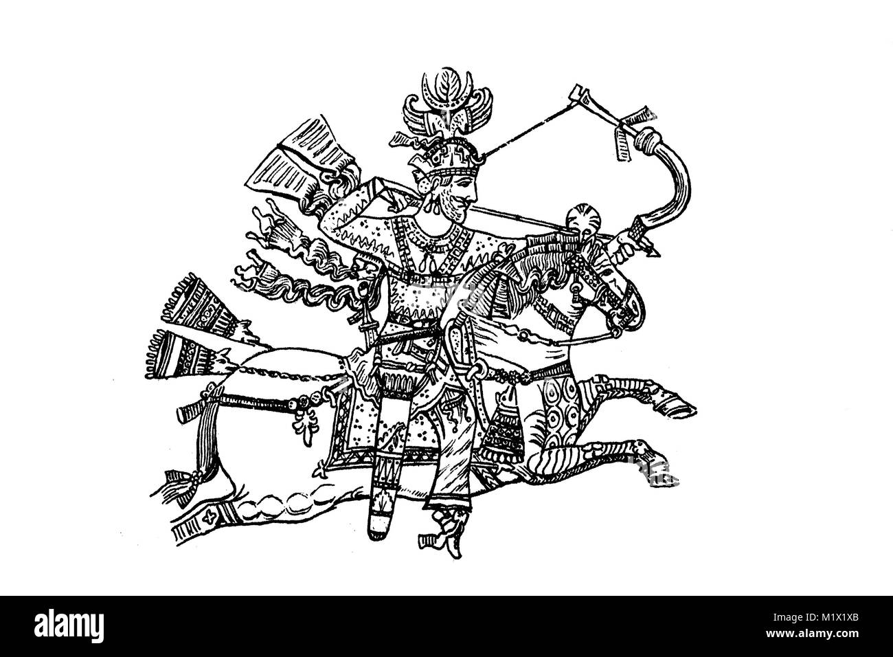 Mode, Kleidung in der Sassinid Zeitraum im frühen Mittelalter, in Persien um 227-636 AD, König oder Prinzen auf der Jagd, Illustration eines silbernen Schüssel in der Pariser Münze Cabinet, digital verbesserte Reproduktion einer Vorlage drucken aus dem 19. Jahrhundert Stockfoto