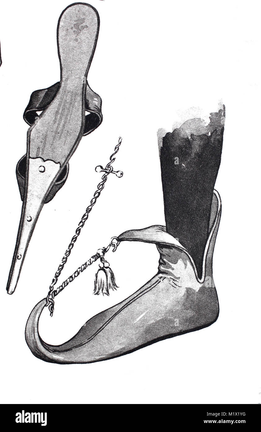 Mode, Kleidung, Schuhe im späten Mittelalter in Europa, Links, eine  erweiterte Schuh von unten aus gesehen, rechts der Schnabel Schuh von König  James I von Schottland, digital verbesserte Reproduktion einer Vorlage  drucken