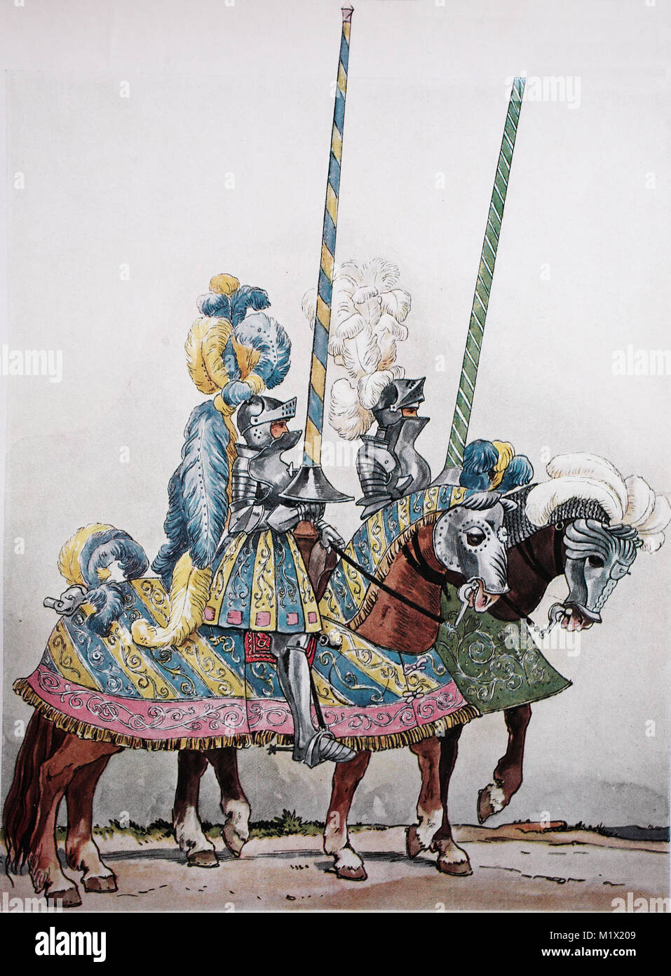 Mode, Kleidung, Ritter Rüstung, Deutsche Turnier Kostüme um 1500-1515, Ritter Fahrt zu einem Turnier Reiter bekämpfen in prächtigen Kostümen, digital verbesserte Reproduktion einer Vorlage drucken aus dem 19. Jahrhundert Stockfoto