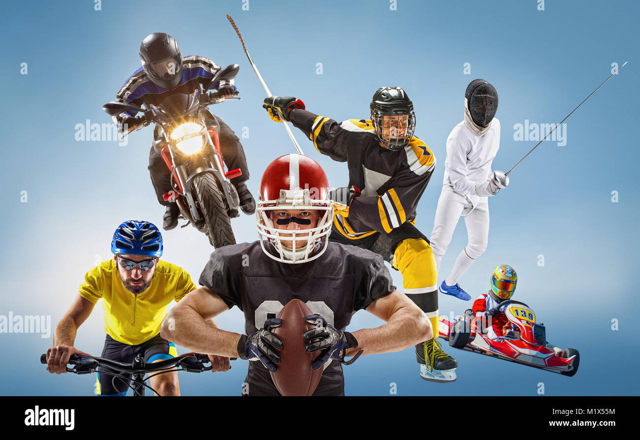 Die konzeptionelle Multi Sport Collage mit American Football, Eishockey, Radsport, Fechten, Motor Sport Stockfoto
