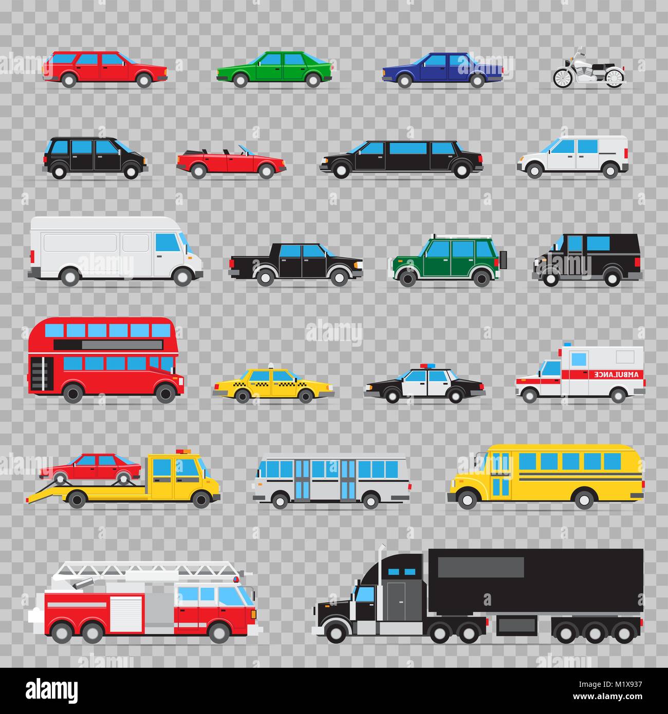 Auto Transport Icon Set. Sammlung verschiedener Arten und Typen von Transport Autos Stock Vektor