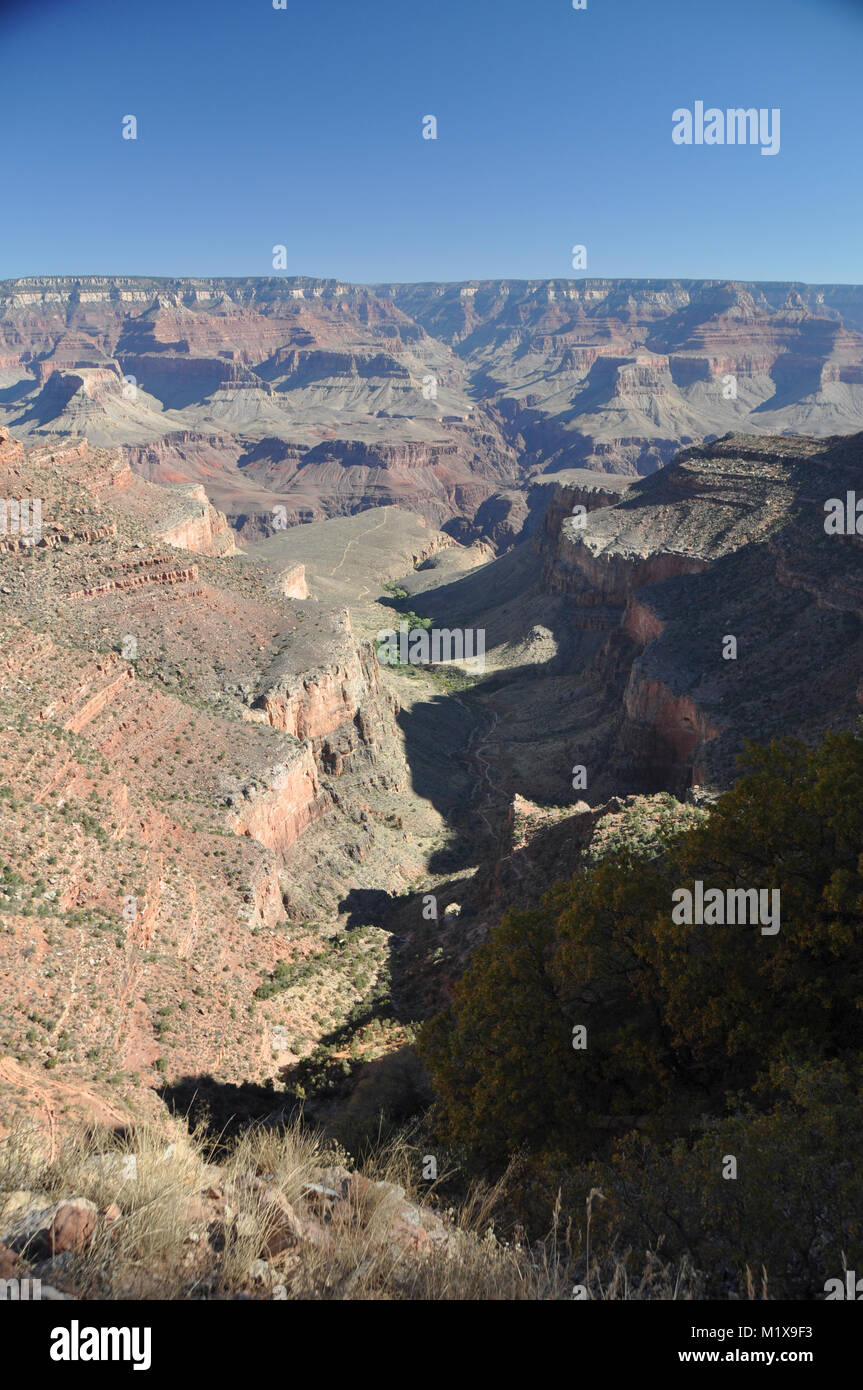 Blick über den Grand Canyon, wo der Bright Angel Störung für differential Erosion entlang Garten und Bright Angel Creek, Arizona, USA erlaubt hat, Stockfoto
