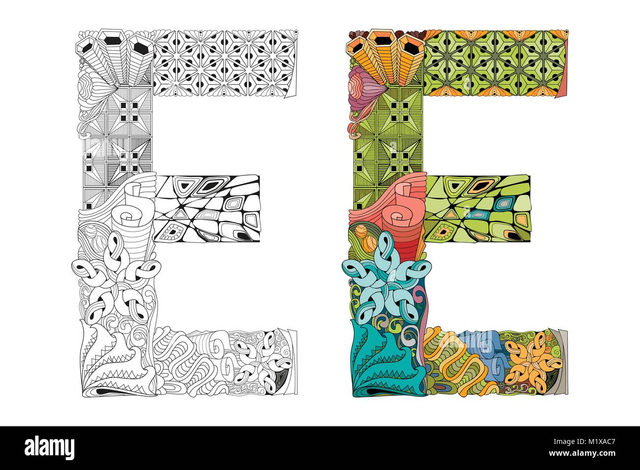 Handgemalte Kunst Design. Buchstabe E zentangle Objekte. Farbige und Outline festlegen Stock Vektor