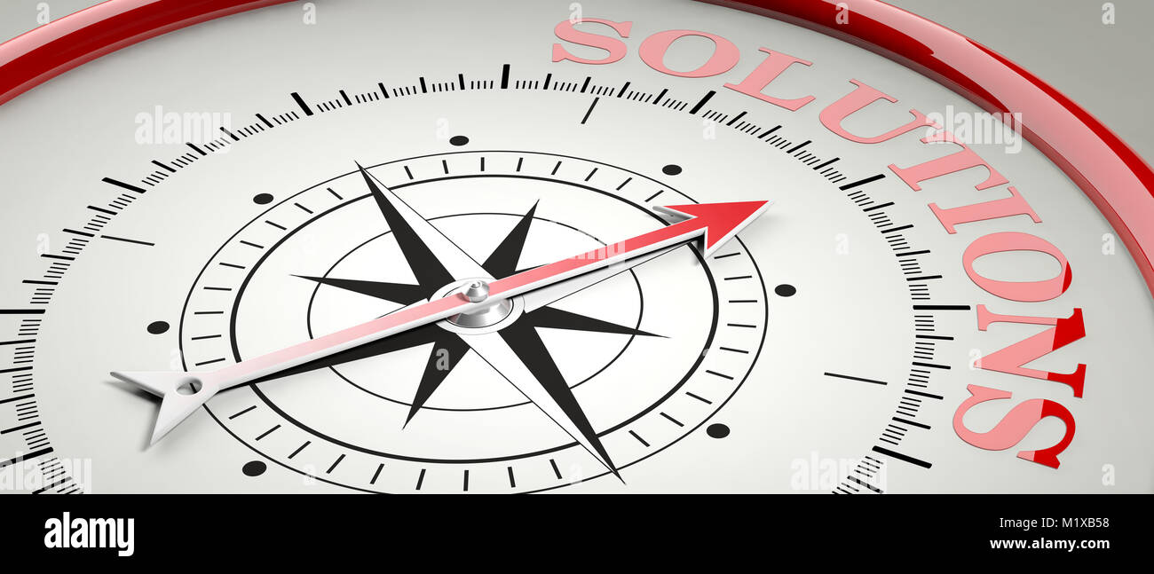 Lösungskonzept. Kompass roter Pfeil in roten Buchstaben Wort Lösung zeigen. 3D-Darstellung Stockfoto