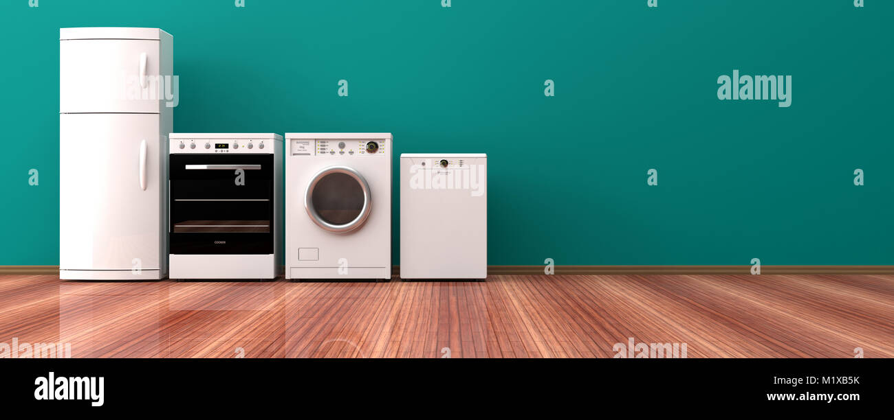 Satz von elektrischen Haushaltsgeräten auf einem Holzboden, grüne Wand im Hintergrund. 3D-Darstellung Stockfoto
